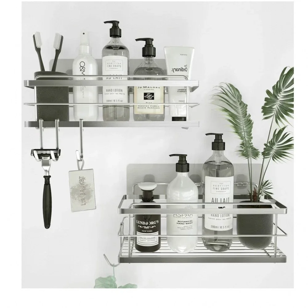 2 Pack Adhesive Shower Caddy Stainless Steel Rustproof Silver Shelves